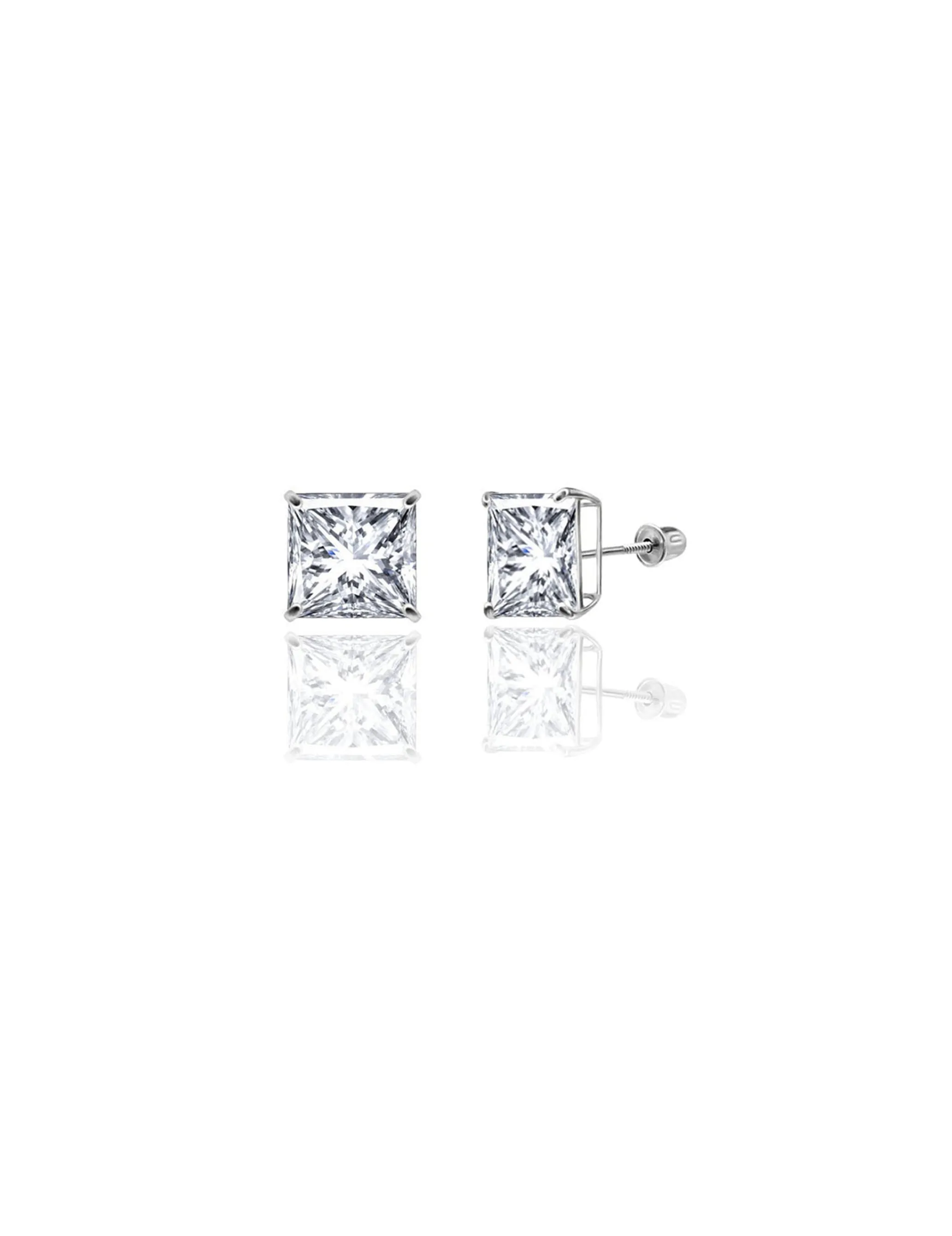 14K White Gold 8MM Square CZ Screwback Stud Earrings