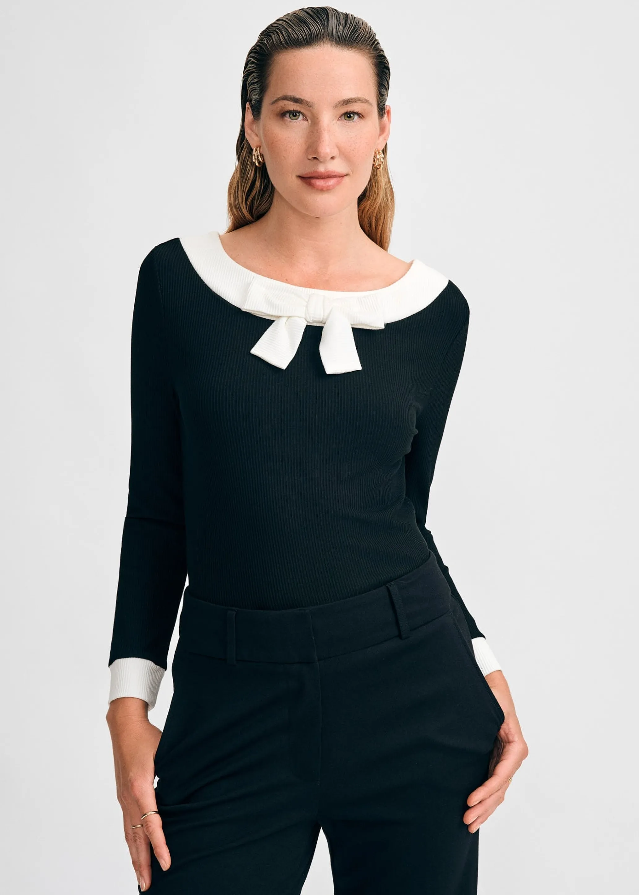 Long-Sleeved Knit Bow Top