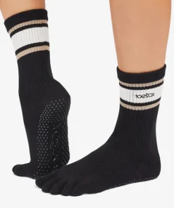 ToeSox Full Toe Crew Grip Socks - Oat Stripe
