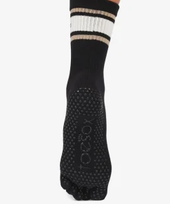 ToeSox Full Toe Crew Grip Socks - Oat Stripe