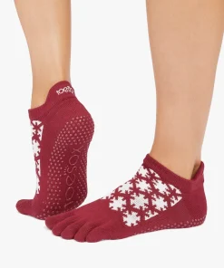 ToeSox Full Toe Low Rise Grip Socks - Ruby