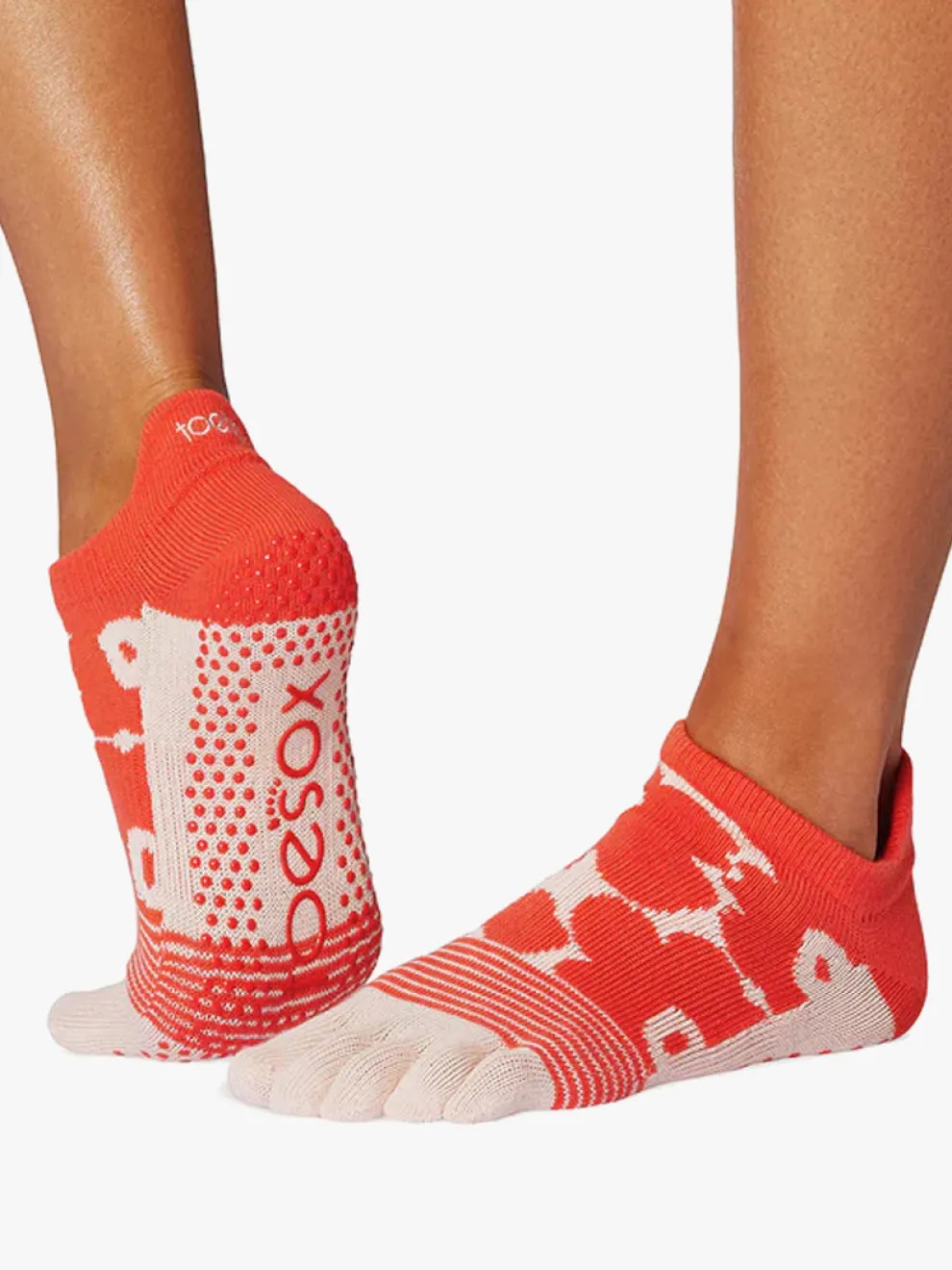 ToeSox Full Toe Low Rise Grip Socks - Hot Coral Floral