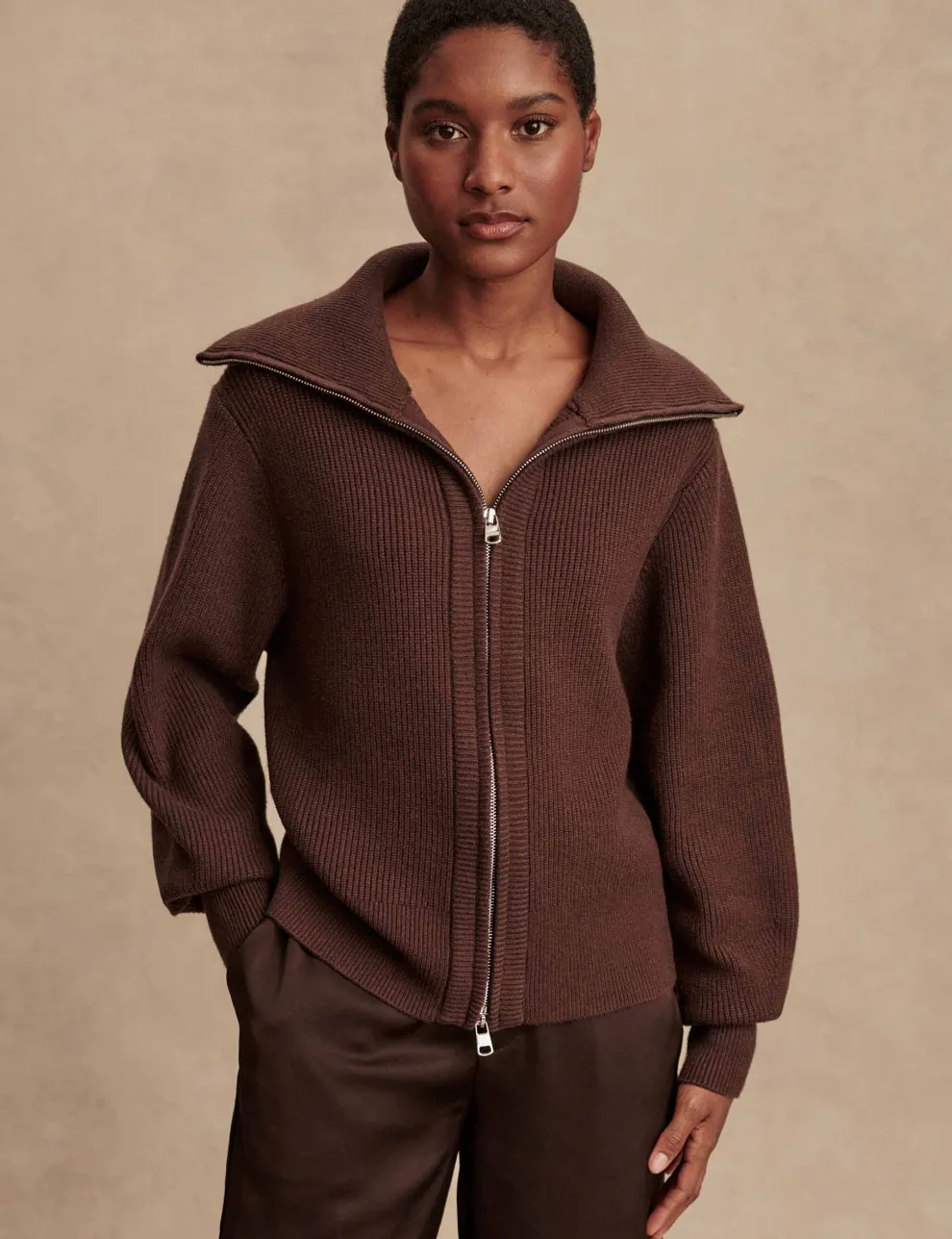 Varley Enrico Zip-Through Knit Jacket - Coffee Bean